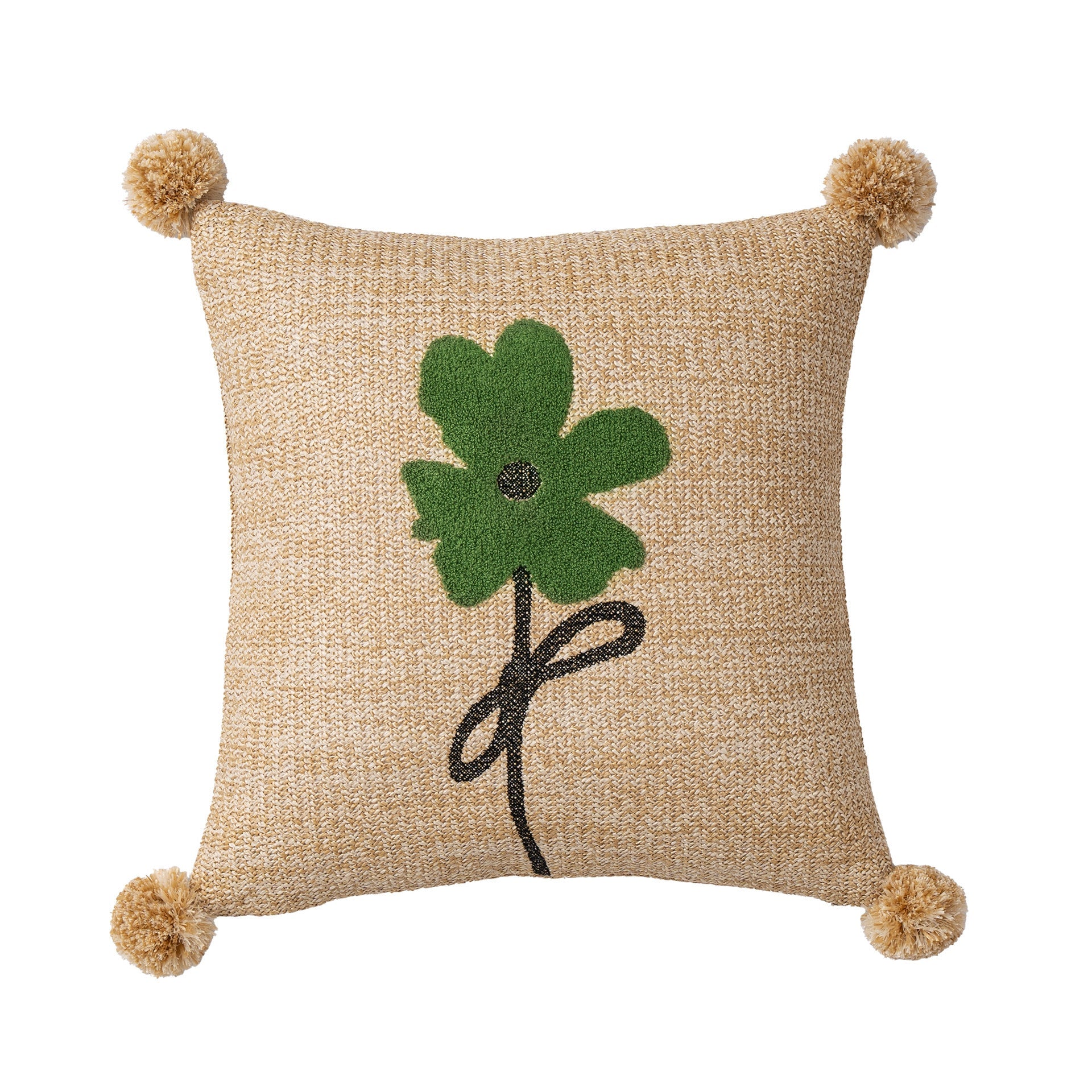 KTX-825555 American Country Style Flower and Plant Embroidered Pillowcase with Fur Balls - 45x45cm