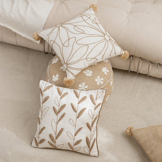 KTX-825555 American Country Style Flower and Plant Embroidered Pillowcase with Fur Balls - 45x45cm