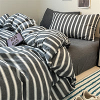 HKM-825555 Cotton Retro Pinstripe Four-Piece Bedding Set for Standard and Plus-Sized Duvets
