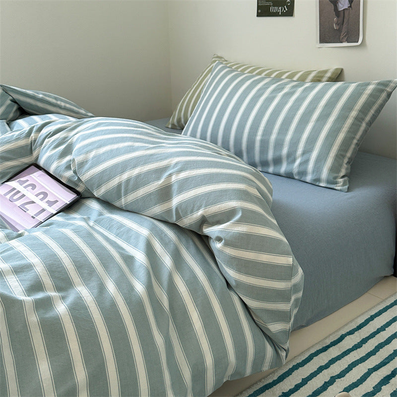 KTX-825555 Cotton Retro Pinstripe Four-Piece Bedding Set for Standard and Plus-Sized Duvets