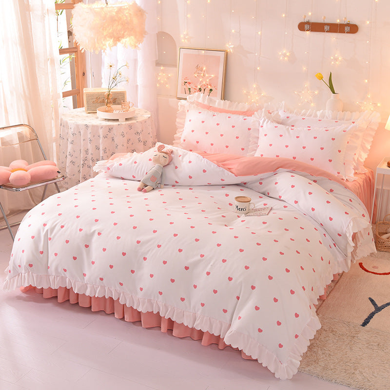 HKM-825747 Polka Dot Brushed Cotton Four-Piece Bed Sheet and Duvet Cover Set