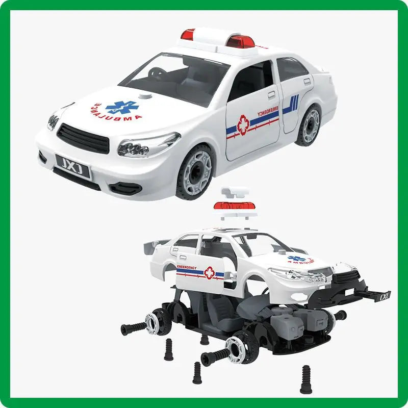 HKM-826003 DIY Assembly Vehicle Toy Set - Taxi, Police Car & Fire Truck with Electric Screwdriver for Kids Ages 3+