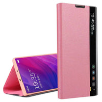 HKM-826003 Samsung Smart Flip Leather Case with Side Window - Available in Cool Black, Cherry Blossom Pink, Temperament Silver, and Sky Blue