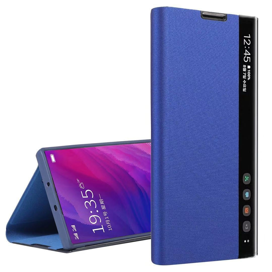 HKM-826003 Samsung Smart Flip Leather Case with Side Window - Available in Cool Black, Cherry Blossom Pink, Temperament Silver, and Sky Blue