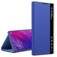 HKM-826003 Samsung Smart Flip Leather Case with Side Window - Available in Cool Black, Cherry Blossom Pink, Temperament Silver, and Sky Blue