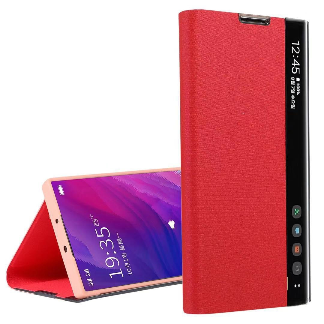 HKM-826003 Samsung Smart Flip Leather Case with Side Window - Available in Cool Black, Cherry Blossom Pink, Temperament Silver, and Sky Blue