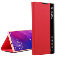 HKM-826003 Samsung Smart Flip Leather Case with Side Window - Available in Cool Black, Cherry Blossom Pink, Temperament Silver, and Sky Blue