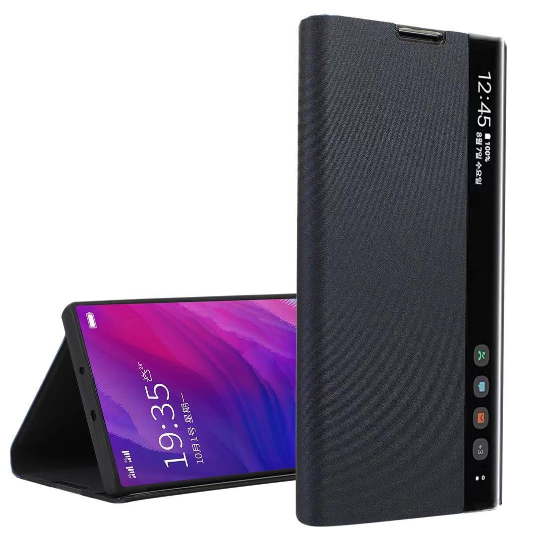 HKM-826003 Samsung Smart Flip Leather Case with Side Window - Available in Cool Black, Cherry Blossom Pink, Temperament Silver, and Sky Blue