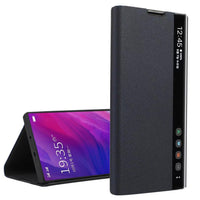 HKM-826003 Samsung Smart Flip Leather Case with Side Window - Available in Cool Black, Cherry Blossom Pink, Temperament Silver, and Sky Blue
