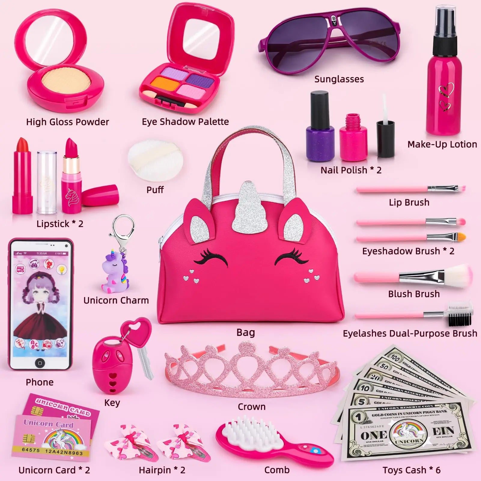 HKM-826579 Unicorn Makeup Toy Kit for Kids - Pretend Play Purse Set for Ages 2-7