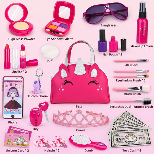 KTX-826579 Unicorn Makeup Toy Kit for Kids - Pretend Play Purse Set for Ages 2-7