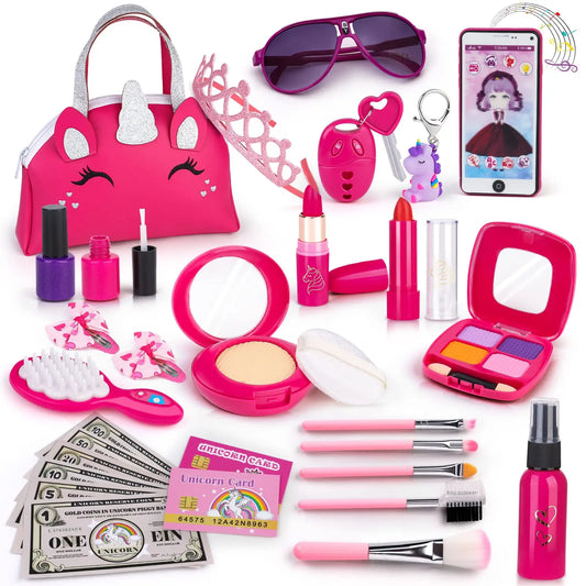 KTX-826579 Unicorn Makeup Toy Kit for Kids - Pretend Play Purse Set for Ages 2-7