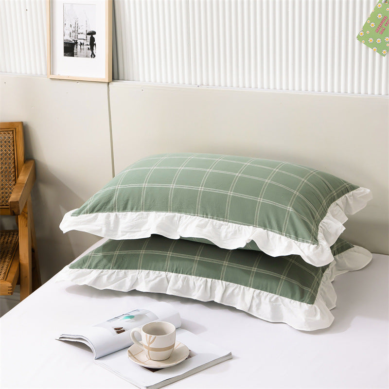 HKM-826707 Washed Cotton Pillowcase with Two Flounces - Soft Pure Cotton, Available in Single or Double Pack