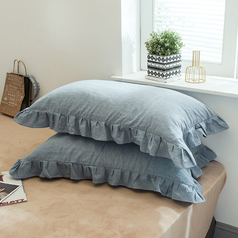 HKM-826707 Washed Cotton Pillowcase with Two Flounces - Soft Pure Cotton, Available in Single or Double Pack