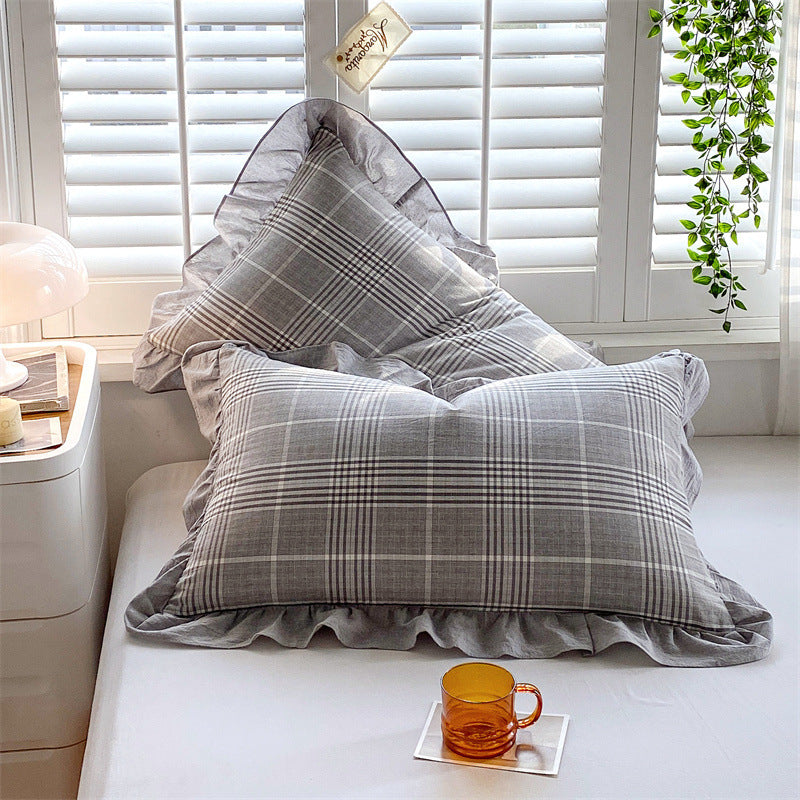 HKM-826707 Washed Cotton Pillowcase with Two Flounces - Soft Pure Cotton, Available in Single or Double Pack