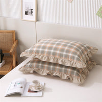 HKM-826707 Washed Cotton Pillowcase with Two Flounces - Soft Pure Cotton, Available in Single or Double Pack