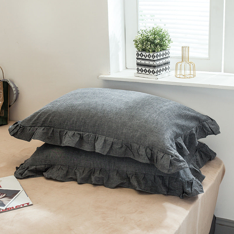 HKM-826707 Washed Cotton Pillowcase with Two Flounces - Soft Pure Cotton, Available in Single or Double Pack