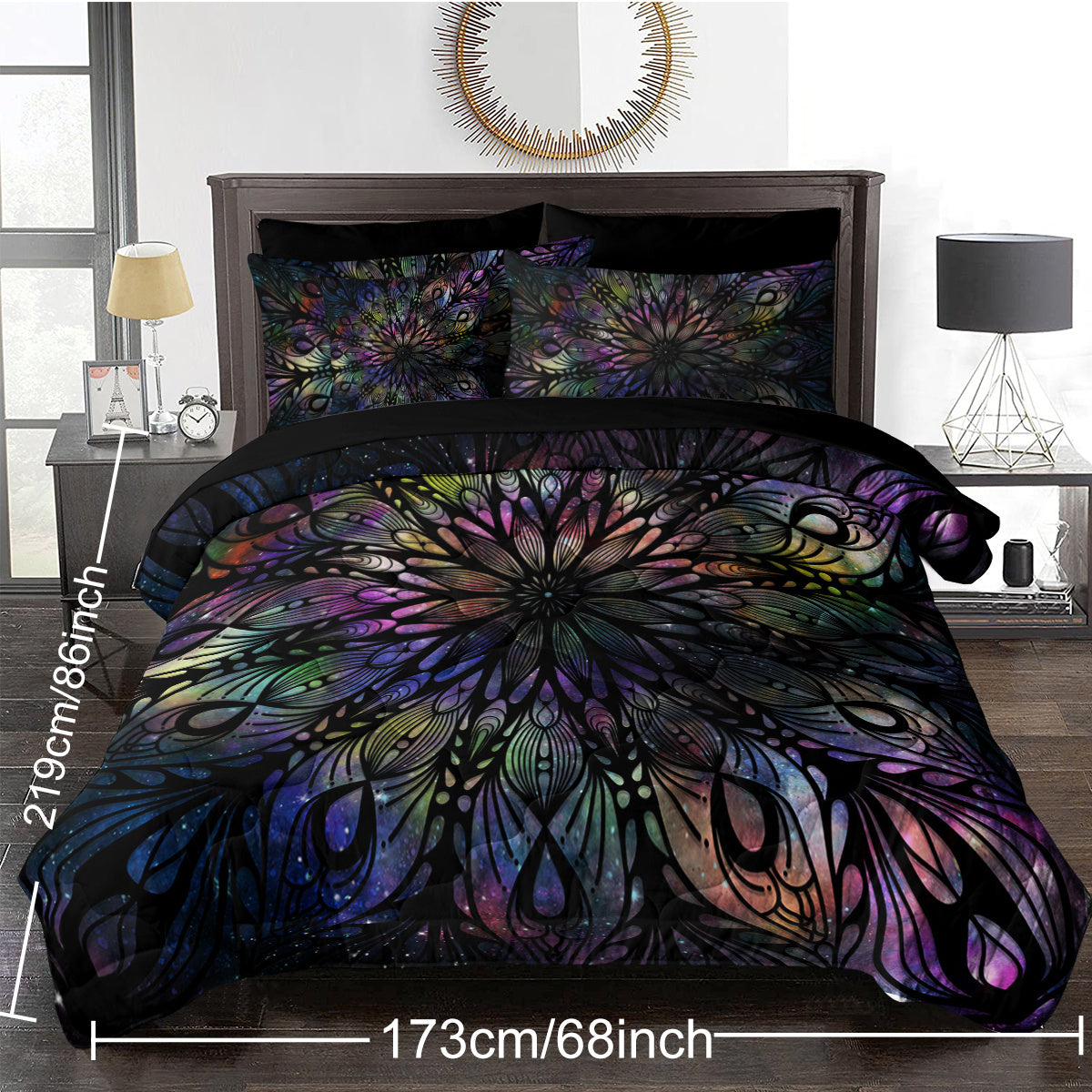 HKM-826899 King Size 8-Piece Mandala Flowers Microfiber Comforter Set with Pillow, Flat Sheet, Fitted Sheet, and Cushion Covers