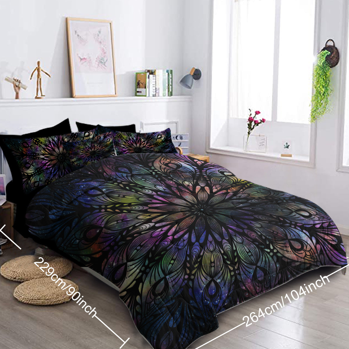 HKM-826899 King Size 8-Piece Mandala Flowers Microfiber Comforter Set with Pillow, Flat Sheet, Fitted Sheet, and Cushion Covers