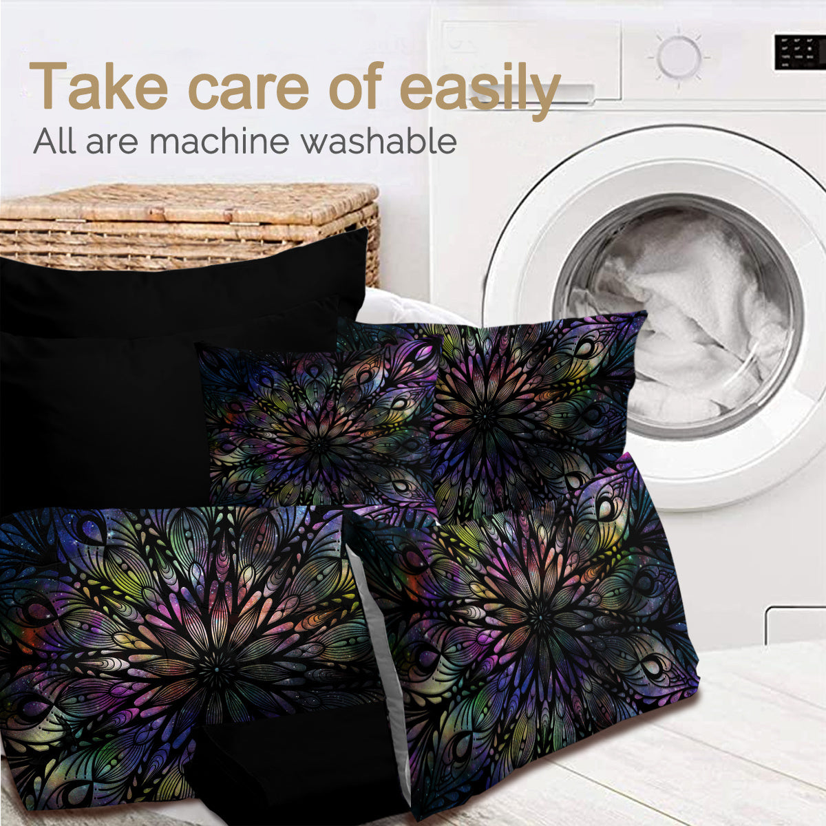 HKM-826899 King Size 8-Piece Mandala Flowers Microfiber Comforter Set with Pillow, Flat Sheet, Fitted Sheet, and Cushion Covers