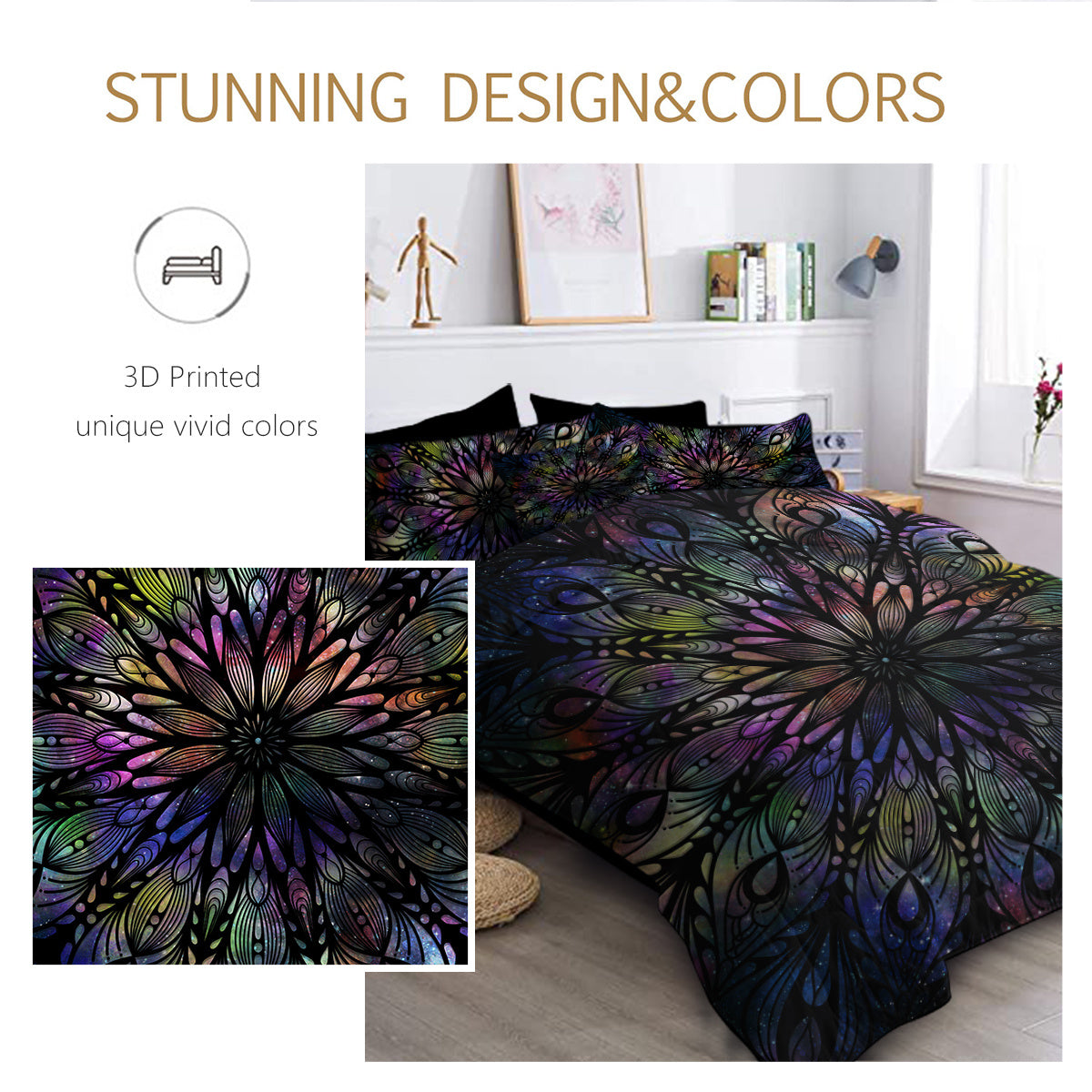 HKM-826899 King Size 8-Piece Mandala Flowers Microfiber Comforter Set with Pillow, Flat Sheet, Fitted Sheet, and Cushion Covers