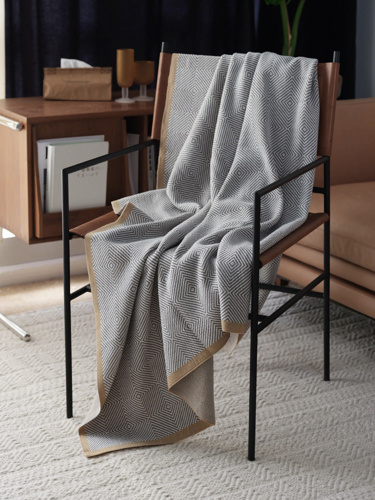 HKM-827475 Cozy Gray Knitted Chenille Wool Blanket with Geometric Pattern - Multiple Sizes Available