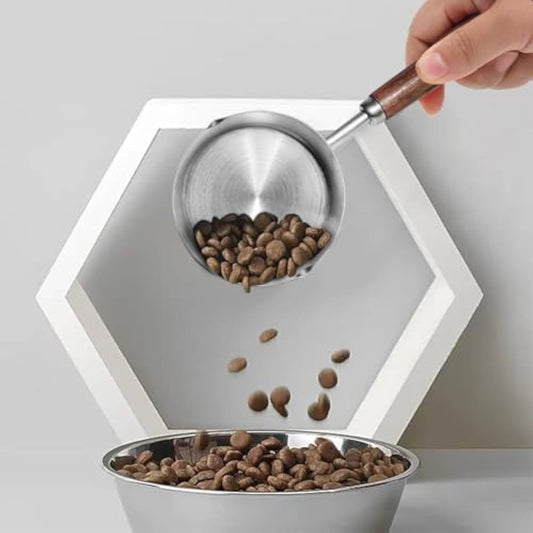 HKM-827731 Stainless Steel Pet Food Scoop with Wooden Handle - Durable Measuring Cup for Dog Food