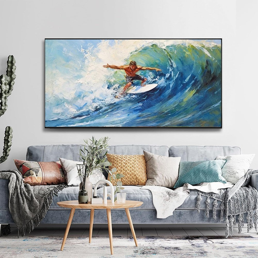 HKM-827987 Handmade Oil Painting of Surfing Scene on Canvas - Coastal Sailboat Landscape Art for Living Room Décor