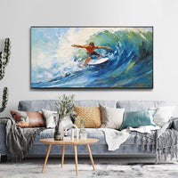 HKM-827987 Handmade Oil Painting of Surfing Scene on Canvas - Coastal Sailboat Landscape Art for Living Room Décor