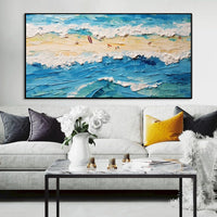 HKM-827987 Handmade Oil Painting of Surfing Scene on Canvas - Coastal Sailboat Landscape Art for Living Room Décor