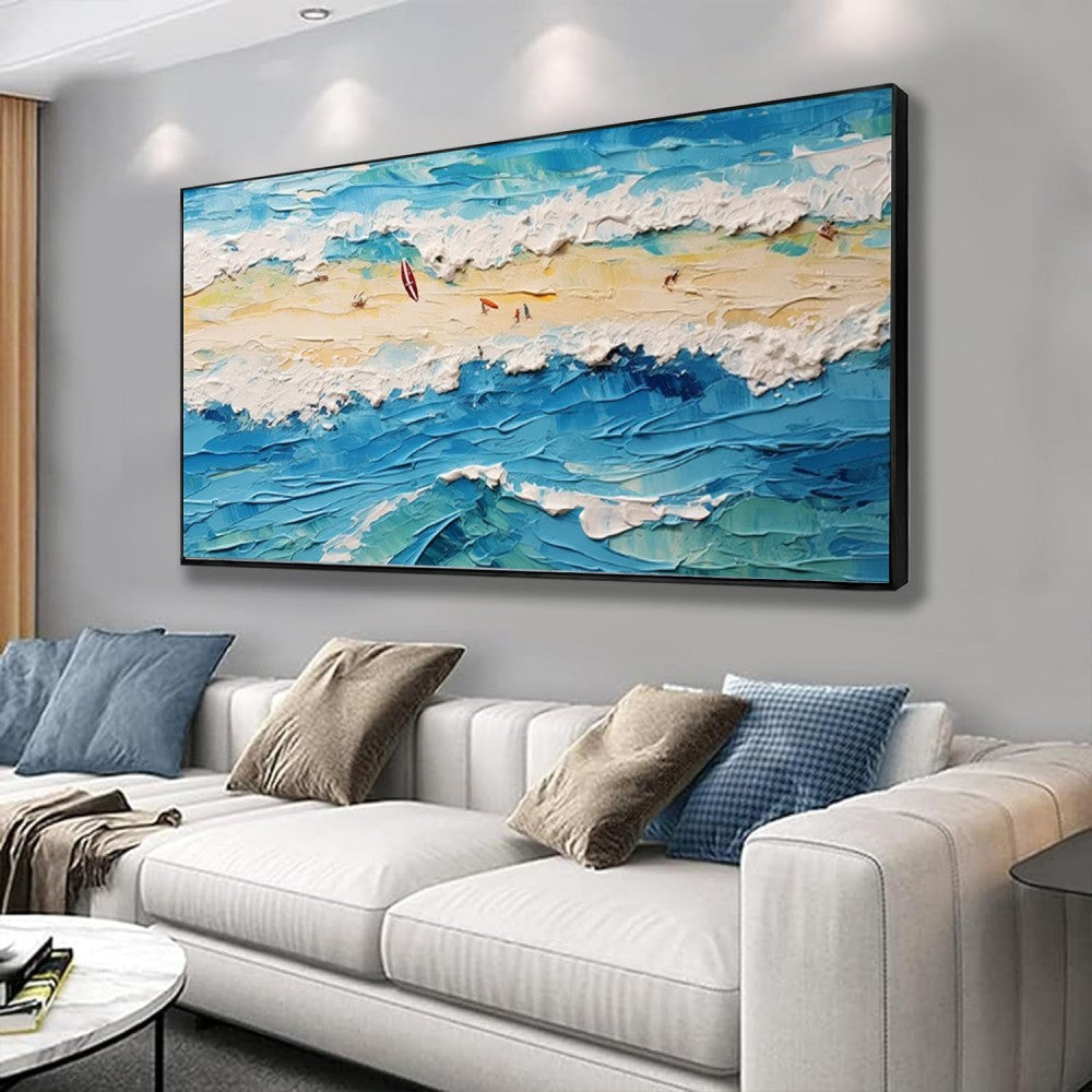 HKM-827987 Handmade Oil Painting of Surfing Scene on Canvas - Coastal Sailboat Landscape Art for Living Room Décor
