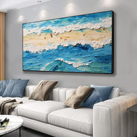 HKM-827987 Handmade Oil Painting of Surfing Scene on Canvas - Coastal Sailboat Landscape Art for Living Room Décor