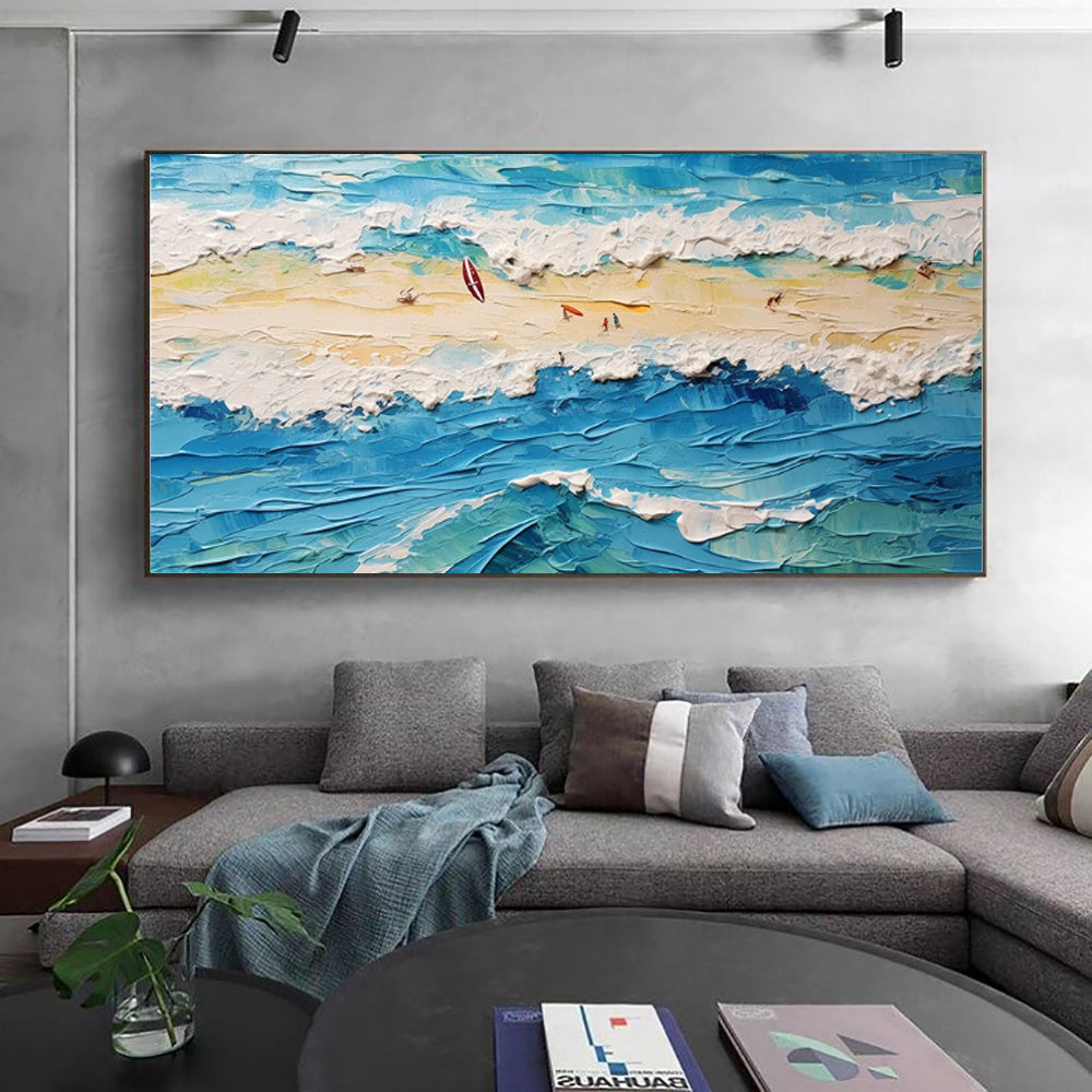 HKM-827987 Handmade Oil Painting of Surfing Scene on Canvas - Coastal Sailboat Landscape Art for Living Room Décor