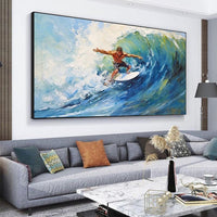 HKM-827987 Handmade Oil Painting of Surfing Scene on Canvas - Coastal Sailboat Landscape Art for Living Room Décor