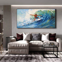 HKM-827987 Handmade Oil Painting of Surfing Scene on Canvas - Coastal Sailboat Landscape Art for Living Room Décor