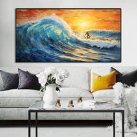 HKM-827987 Handmade Oil Painting of Surfing Scene on Canvas - Coastal Sailboat Landscape Art for Living Room Décor