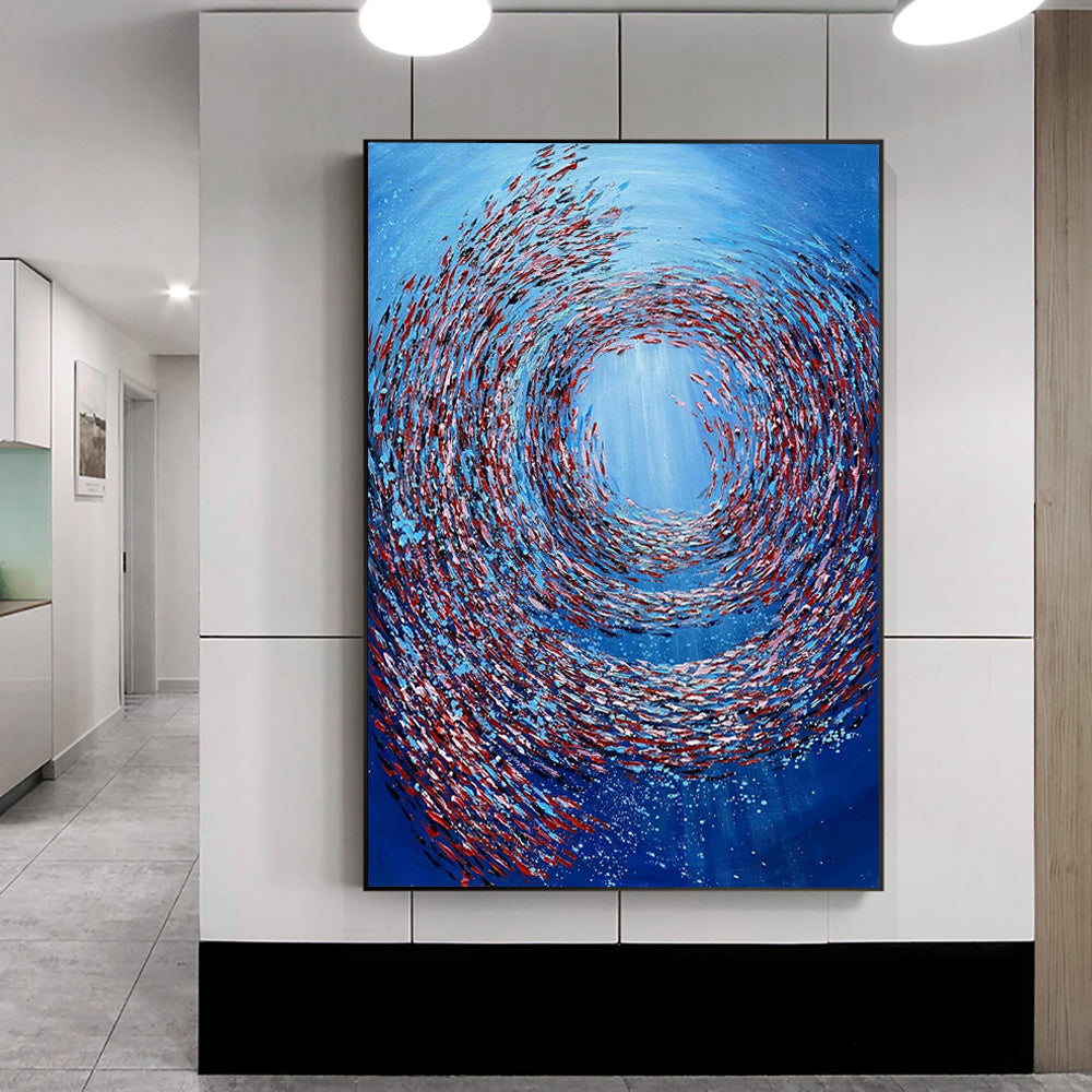 HKM-829139 Handmade Abstract Oil Painting on Canvas - Thick Textured Knife-Painted Fish Vortex Art for Home Decor