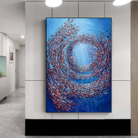 HKM-829139 Handmade Abstract Oil Painting on Canvas - Thick Textured Knife-Painted Fish Vortex Art for Home Decor