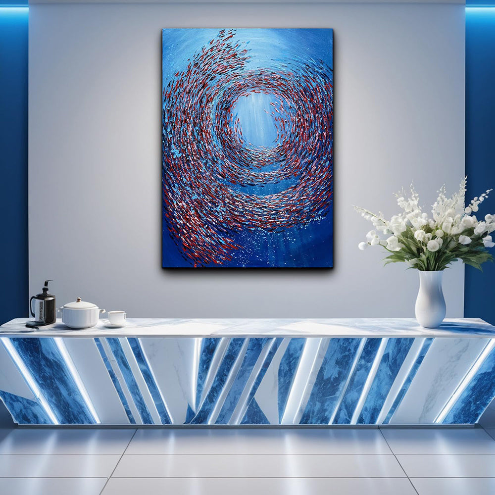 HKM-829139 Handmade Abstract Oil Painting on Canvas - Thick Textured Knife-Painted Fish Vortex Art for Home Decor