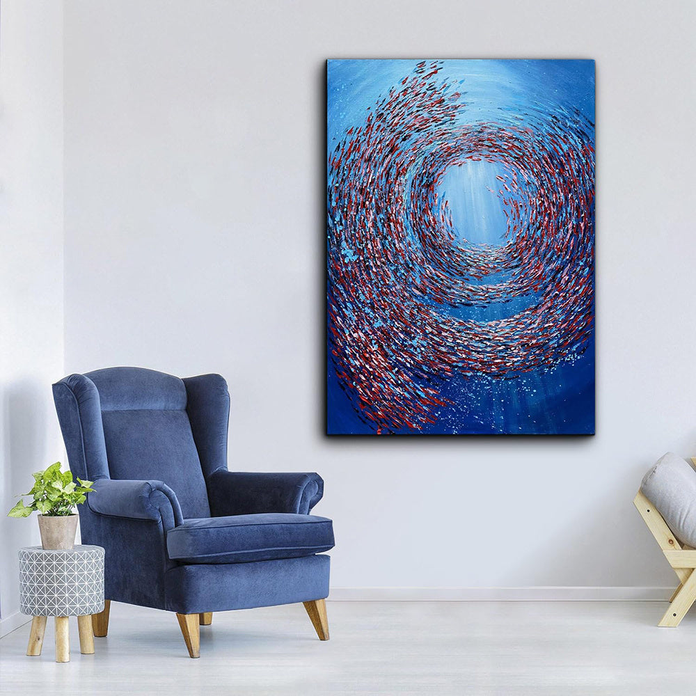 HKM-829139 Handmade Abstract Oil Painting on Canvas - Thick Textured Knife-Painted Fish Vortex Art for Home Decor