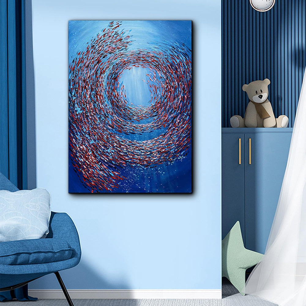 HKM-829139 Handmade Abstract Oil Painting on Canvas - Thick Textured Knife-Painted Fish Vortex Art for Home Decor