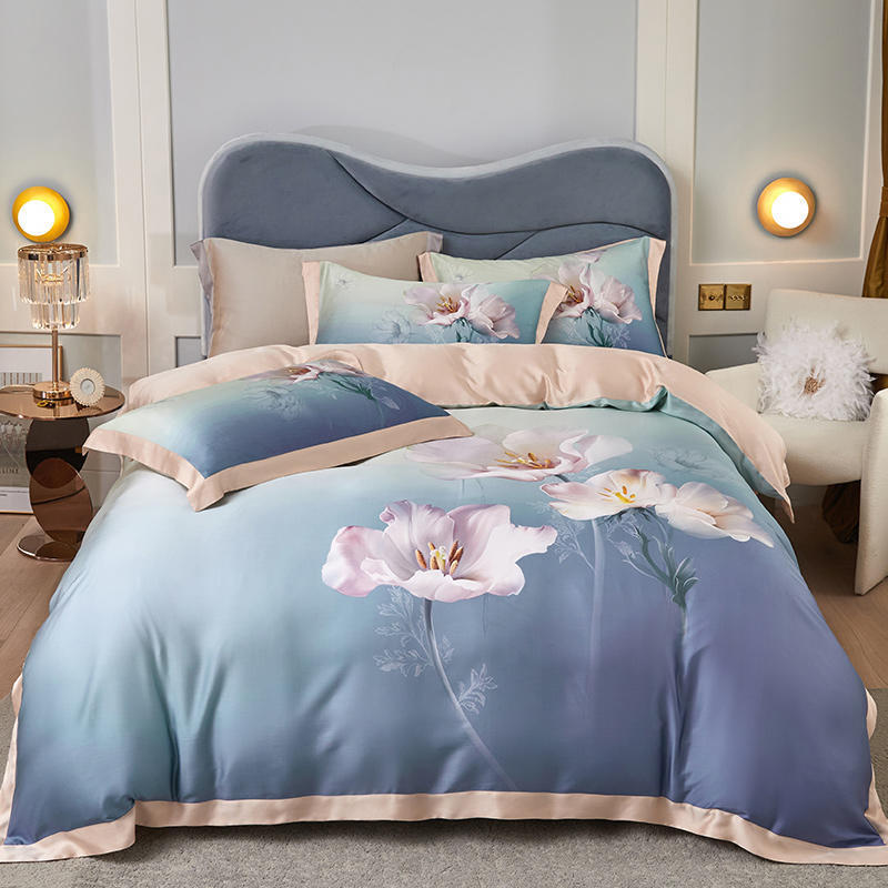 HKM-829203 Tencel Four-Piece Bedding Set with Floral Embroidery for 1.8m Beds