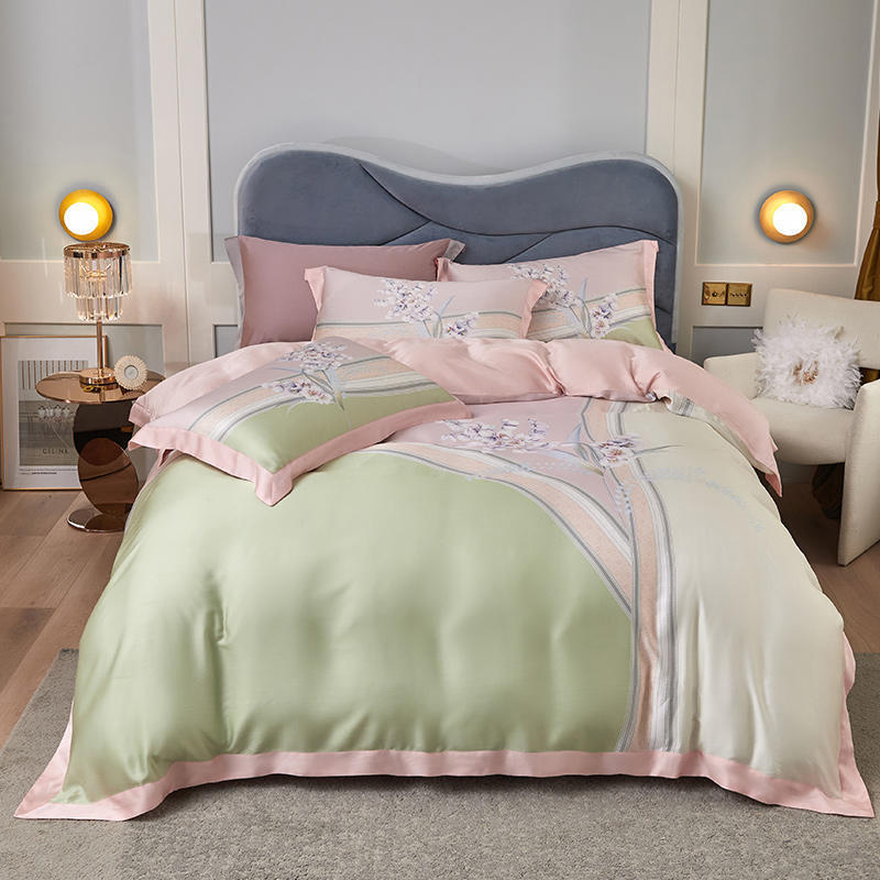 HKM-829203 Tencel Four-Piece Bedding Set with Floral Embroidery for 1.8m Beds