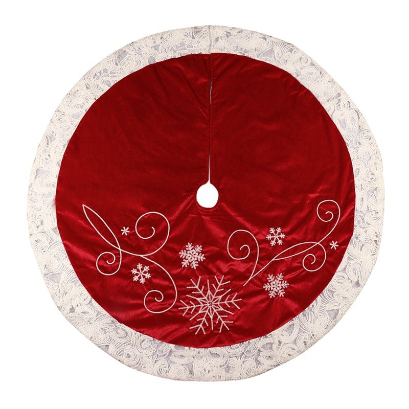 HKM-829331 Christmas Red Velvet 48-Inch Snowflake Tree Skirt with Embroidered Lace Trim