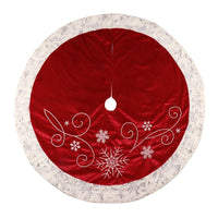 HKM-829331 Christmas Red Velvet 48-Inch Snowflake Tree Skirt with Embroidered Lace Trim