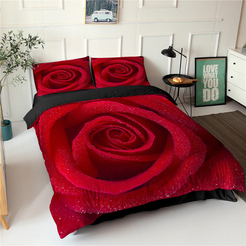 HKM-830355 Digital Printed Rose Flower Three-Piece Bedding Set with Pillowcases in Various Sizes