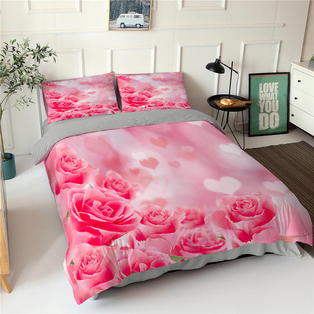HKM-830355 Digital Printed Rose Flower Three-Piece Bedding Set with Pillowcases in Various Sizes
