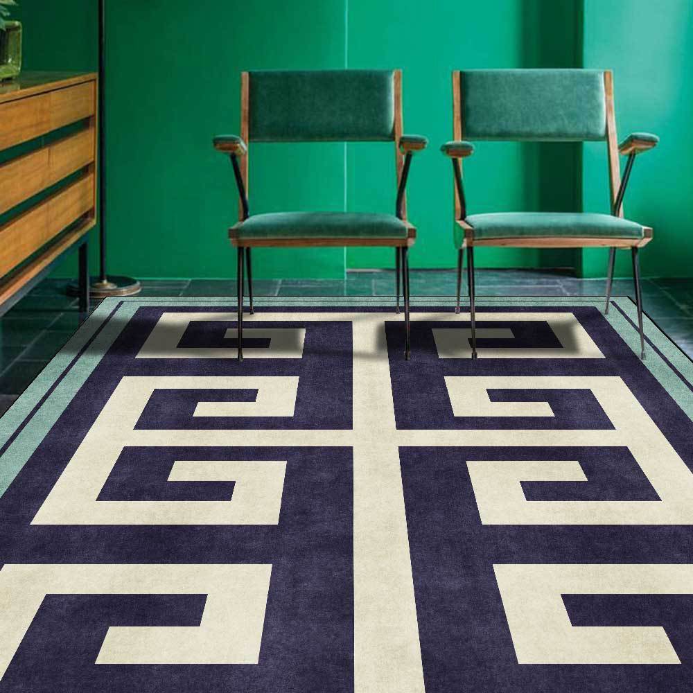HKM-830419 Dark Blue Green Edge Geometric Rectangle Carpet for Living Room and Bedroom - Polyester 100%