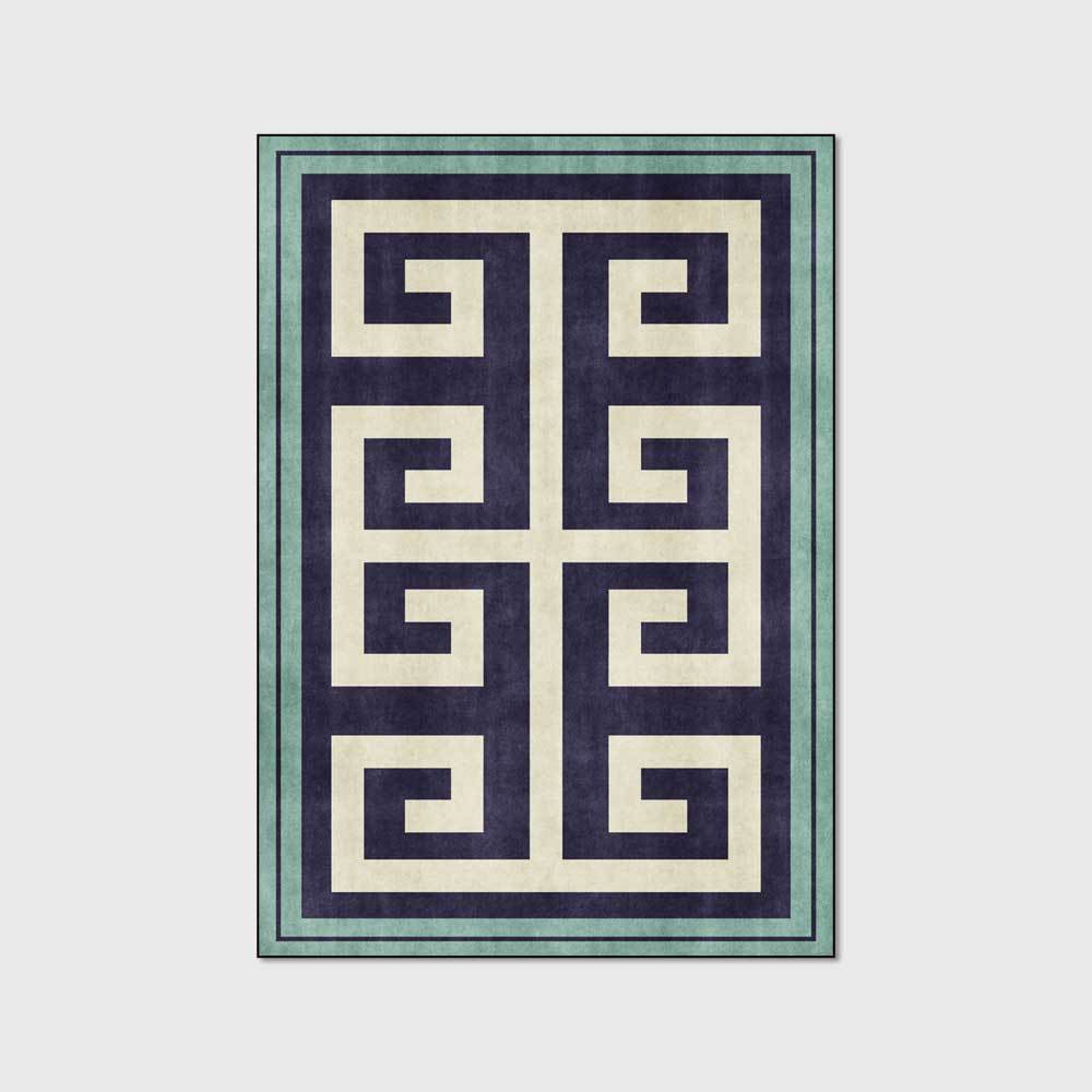 HKM-830419 Dark Blue Green Edge Geometric Rectangle Carpet for Living Room and Bedroom - Polyester 100%