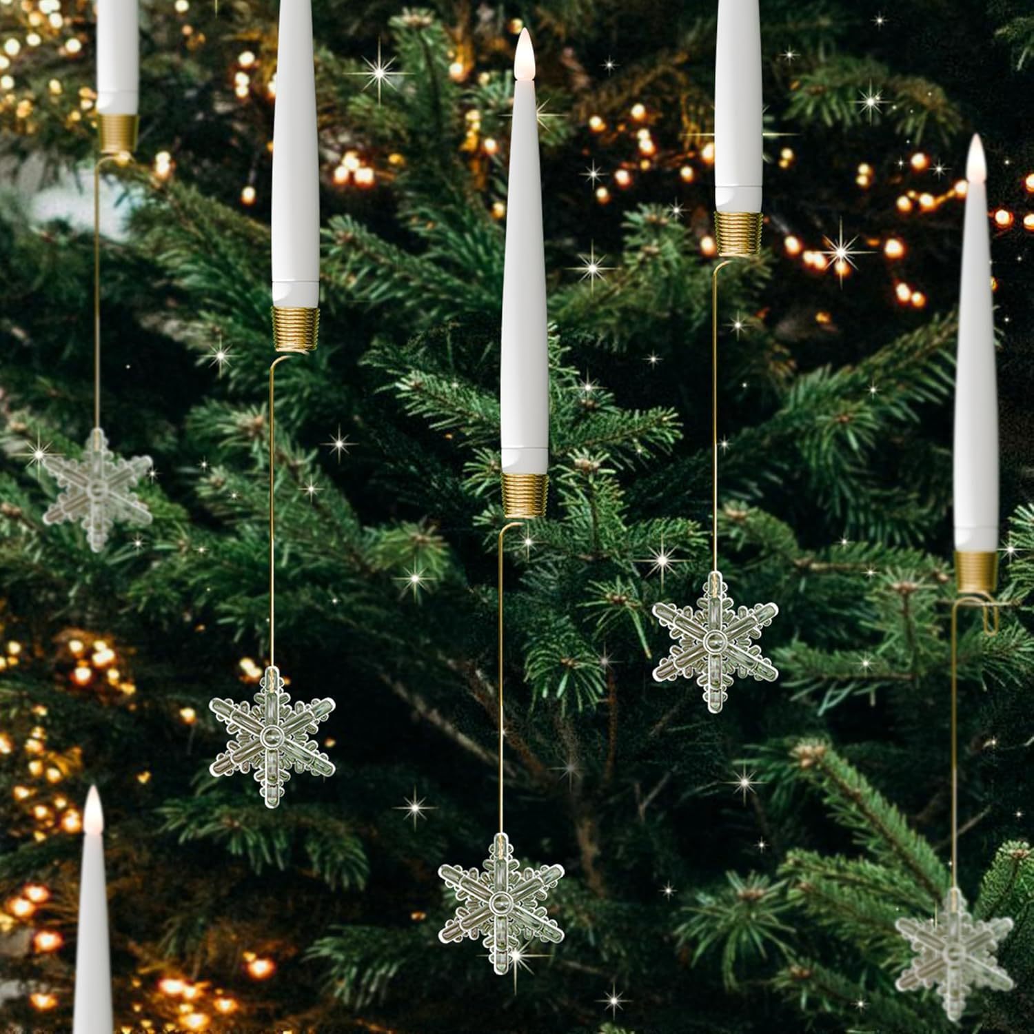 HKM-831123 LED Christmas Candle and Ornaments Set for Holiday Indoor Decorations, Includes Crystal Balls, Snowflakes, and Icicles